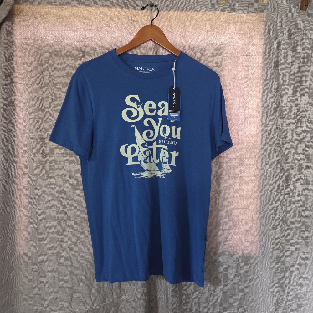 Nautica Shirt Mens Medium Blue Sea You Later Sailboat Graphic Tee Stretch Jersey